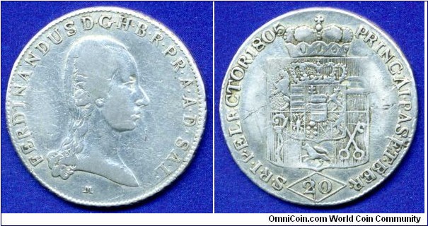 20 kreuzer (zwanziger).
Duchy of Salzburg.
Ferdinando III (Ital. Ferdinando III d'Asburgo-Lorena; May 6, 1769, Florence - June 18, 1824, Florence) - Grand Duke of Tuscany in 1790-1801 and 1814-1824, respectively, Elector and Grand Duke of Salzburg in the years 1803-1806, Grand Duke of Wurzburg in 1806-1814 years.
*M* - mintmaster Franz Xavier Matzenkopf Jr. work in 1755-1805.


Ag583f. 6,68gr.