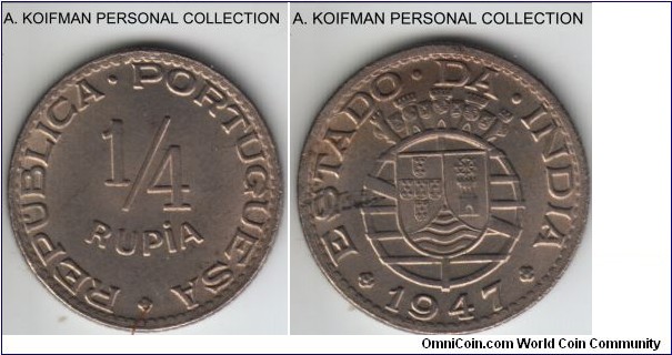 KM-25, 1947 Portuguese India 1/4 rupia; copper-nickel, reeded edge; large mintage of 800,000 but obviously scarce for some reason, this one is a good uncirculated specimen.