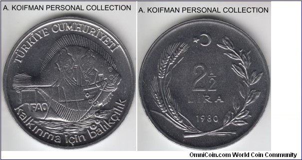 KM-938, 1980 Turkey 2 1/2 lira, Istanbul mint; stainless steel, lettered edge FAO; special FAO issue of 13,000 pieces, brilliant uncirculated.