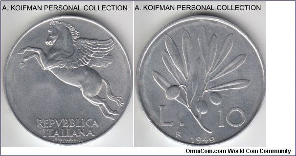 KM-90, 1949 Italy 10 lire, Rome mint (R mint mark); aluminum, plain edge; uncirculated.