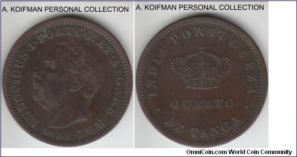 KM-308, 1881 Portuguese India 1/4 tanga; copper, plain edge; very fine or about.