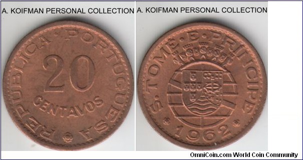 KM-16.1, 1962 San Thomas and Prince 20 centavos; bronze, plain edge; red brown uncirculated, heavier toning.