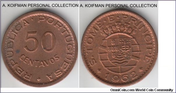 KM-17.1, 1962 San Thomas and Prince 50 centavos; bronze, plain edge; red brown uncirculated, few darker spots.