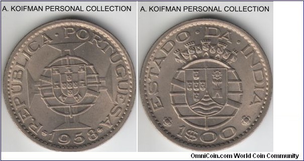 KM-33, 1958 Portuguese India escudo; copper-nickel, reeded edge; nice bright uncirculated specimen.