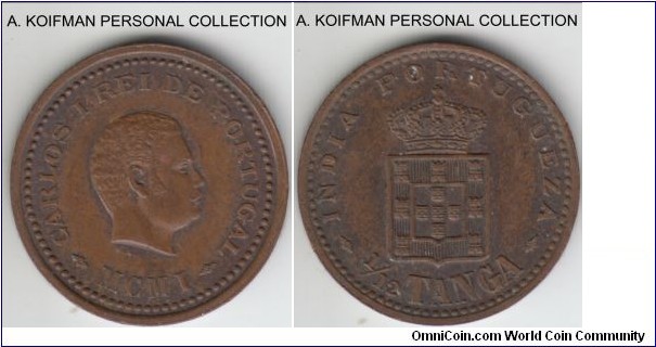 KM-13, 1901 Portuguese India 1/12 tanga; bronze, plain edge; good extra fine, infrequent.