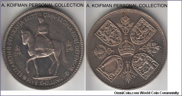 KM-894, 1953 Great Britain crown; proof, lettered edge; coronation commemorative crown from the proof set, average, some toning as usual and a spot on reverse.