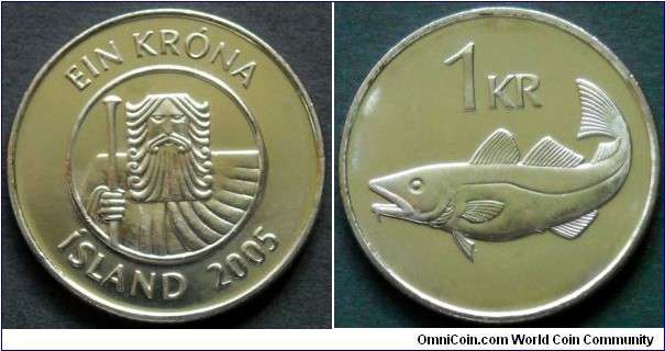Iceland 1 króna.
2005, Nickel plated steel.
Weight; 4g.
Diameter; 21,5mm.
Mint; The Royal Mint, Llantrisant, UK. Mintage: 10.000.000 pieces.