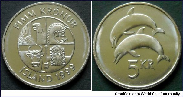 Iceland 5 krónur.
1999, Nickel plated steel. Weight; 5,6g.
Diameter; 24,5mm.
Mintage: 2.000.000 pieces.