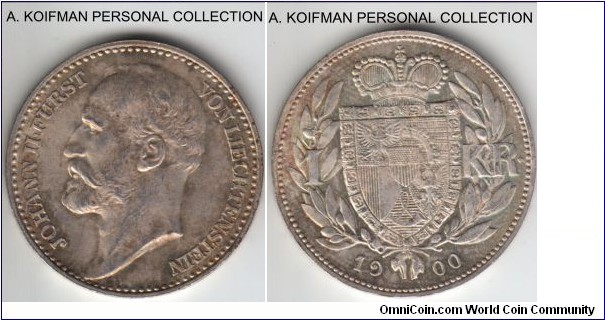 KM-Y2, 1900 Liechtenstein Krone; silver, reeded edge; uncirculated or about, mintage of 50,000, more lustrous than the scan suggests.