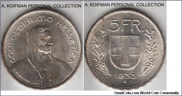 KM-40, 1933 Switzerland 5 francs, Bern mint (B mint mark); silver, lettered edge; average uncirculated.