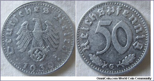 rare 1939 G 50 pfennig, only 560k minted, 2nd rarest Nazi 50 pfennig overall.