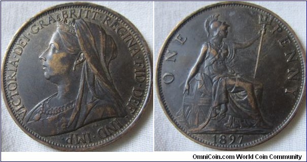 1897 penny, VF+ with lustre traces