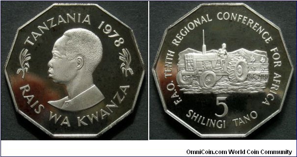 Tanzania 5 shillings.
1978, F.A.O. 10th Regional Conference for Africa. Cu-ni.
Shape 10-sided. Proof. Mintage: 2000 pieces.