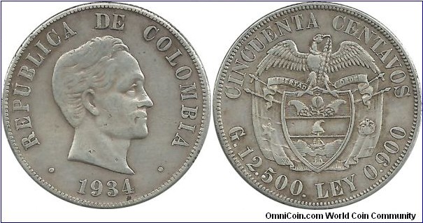 Colombia 50 Centavos 1934