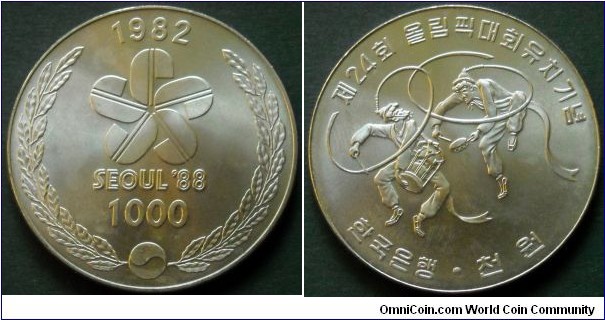 Republic of Korea (South Korea) 1000 won.
1982, XXIV Olympiad Seoul 1988 - Korean dancers.