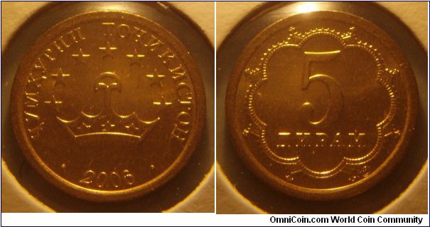 Tajikistan | 
5 Diram, 2006 | 
16.5 mm, 2 gr. | 
Brass plated Steel | 

Obverse: The Tajik National emblem – Crown with a seven star border, date below | 
Lettering: • ҶУМҲУРИИ ТОҶИКИСТОН • 2006 | 

Reverse: Denomination | 
Lettering: 5 ДИРАМ |