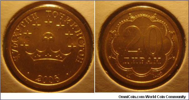 Tajikistan | 
20 Diram, 2006 | 
18.5 mm, 2.73 gr. | 
Brass plated Steel | 

Obverse: The Tajik National emblem – Crown with a seven star border, date below | 
Lettering: • ҶУМҲУРИИ ТОҶИКИСТОН • 2006 | 

Reverse: Denomination | 
Lettering: 20 ДИРАМ |
