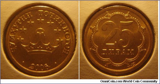 Tajikistan | 
25 Diram, 2006 | 
19.1 mm, 2.8 gr. | 
Brass plated Steel | 

Obverse: The Tajik National emblem – Crown with a seven star border, date below | 
Lettering: • ҶУМҲУРИИ ТОҶИКИСТОН • 2006 | 

Reverse: Denomination | 
Lettering: 25 ДИРАМ |