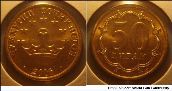 Tajikistan | 
50 Diram, 2006 | 
21 mm, 3.55 gr. | 
Brass plated Steel | 

Obverse: The Tajik National emblem – Crown with a seven star border, date below | 
Lettering: • ҶУМҲУРИИ ТОҶИКИСТОН • 2006 | 

Reverse: Denomination | 
Lettering: 50 ДИРАМ |
