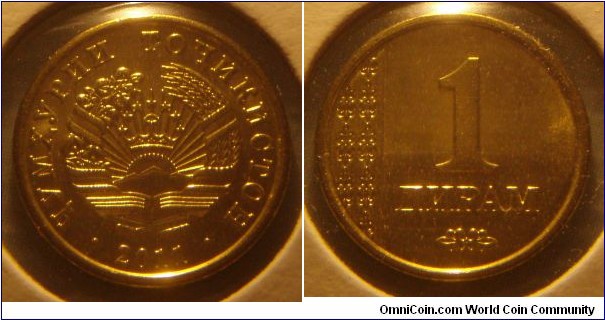 Tajikistan | 
1 Diram, 2011 | 
14.5 mm, 1.3 gr. | 
Brass plated Steel | 

Obverse: National Coat of Arms, date below | 
Lettering: • ҶУМҲУРИИ ТОҶИКИСТОН • 2011 | 

Reverse: Ornament, denomination right | 
Lettering: 1 ДИРАМ |