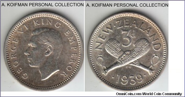 KM-7, 1939 New Zealand 3 pence; silver, plain edge; toned uncirculated or about.