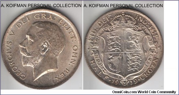 KM-818.1, Great Britain 1919 half crown; silver, reeded edge; good uncirculated, lots of luster and some toning, mostly periferal.