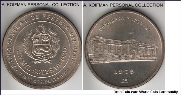 KM-275, 1979 Peru 1000 soles; silver, star filled plain edge; uncirculated specimen of the commemoration of the National Congress.
