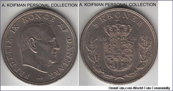 KM-853.2, 1972 5 kroner; copper-nickel, reeded edge; about uncirculated, one year type issue.