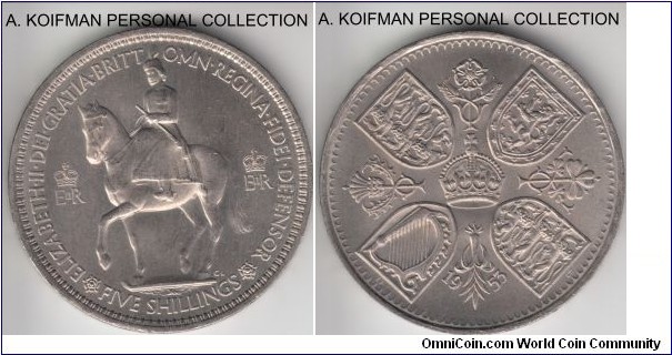 KM-894, 1953 Great Britain crown; copper-nickel, lettered edge; coronation commemorative crown, nice, above average coin.