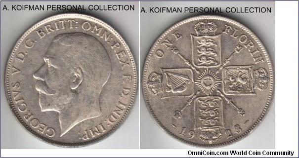 KM-817a, 1923 Great Britain florin; silver, reeded edge; extra fine or about, typical wear on the King's effigy, but considerable luster as well.