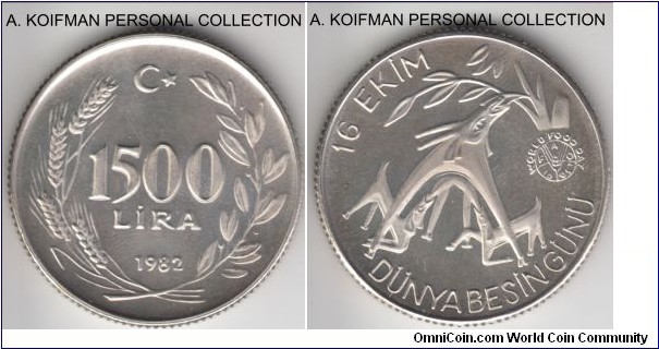 KM-947, 1982 Turkey 1500 lira; proof, silver, reeded edge; FAO World Food Day issue, rare, mintage of 500.