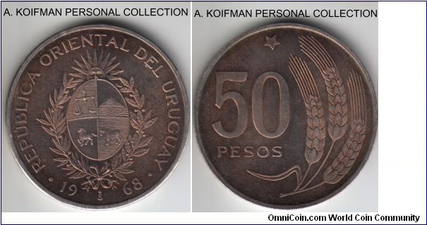 KM-PN85, 1968 Uruguay pattern 50 peso, Santiago mint (So mint mark); silver, plain edge; very nicely toned uncirculated proof like, mintage of 1000.
