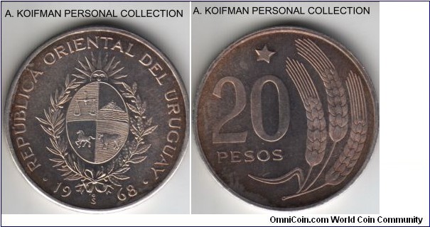 KM-PN84, 1968 Uruguay pattern 20 peso, Santiago mint (So mint mark); silver, plain edge; great toning, mintage 1000.