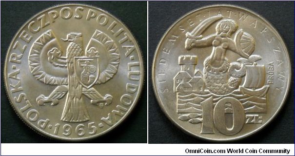 Poland 10 złotych.
1965, Próba (Pattern) 
7 Centuries of Warsaw.
Cu-ni.
