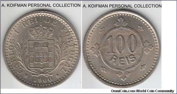 KM-546, 1900 Portugal 100 reis; copper-nickel, reeded edge; pleasant lustered uncirculated.