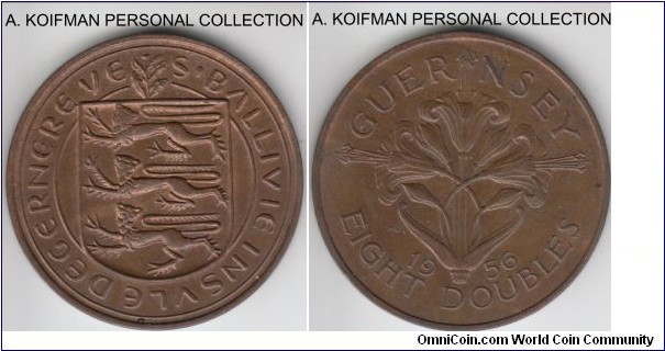 KM-16, 1956 Guernsey 8 doubles (penny); bronze, plain edge; some luster is still seen on this uncirculated coin, mostly on obverse.