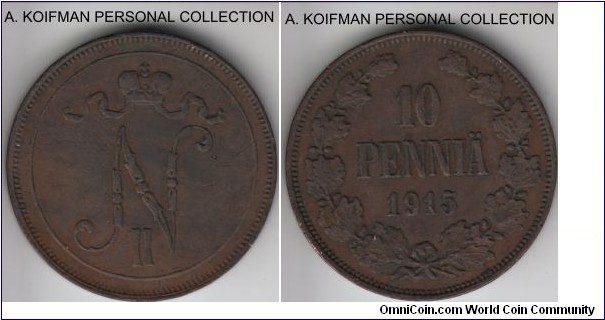 KM-14, 1915 Finland (Grand Duchy) 10 pennia; copper, plain edge; brown, extra fine or about.