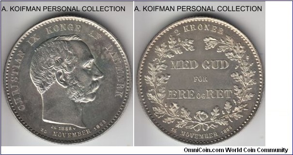 KM-799, 1888 Denmark 2 krone; silver, reeded edge; commemorating 25'th anniversary of Christian IX'th reign, uncirculated, lightly toned, mintage 101,000.