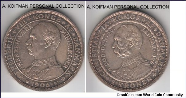 KM-803, 1906 Denmark 2 kroner; silver, reeded edge; commemorative issue marking death of Christian IX and accession of Frederick VIII, good extra fine, lightly cleaned.