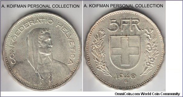 KM-40, 1940 Switzerland 5 francs, Bern mint (B mint mark); silver, raised lettered edge; average uncirculated, toned.