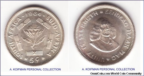 KM-59, 1964 South Africa (Republic) 5 cents; silver, reeded edge; bright obverse, matte reverse uncirculated specimen.