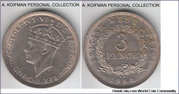 KM-21, 1946 British West Africa 3 pence, King Norton's mint (KN mint mark); copper-nickel, security reeded edge; George VI, toned, uncirculated or about.