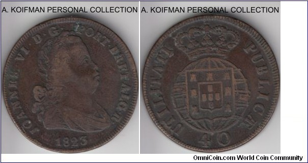 KM-370, 1823 Portugal 40 reis (pataco); bronze, plain edge; good fine or better.