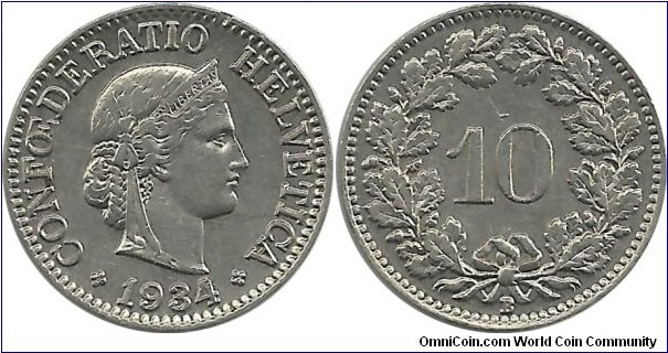 Switzerland 10 Centimes 1934B