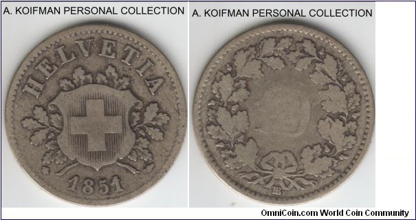 KM-6, 1851 Switzerland 10 rappen, Strasbourg mint (BB mint mark); billon, plain edge; good to very good, reverse is worn off, but scarce coin in any condition.