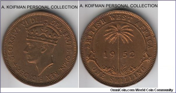 KM-28, 1952 British West Africa shilling; King's Norton mint (KN mint mark); tin-brass, security edge; darker reddish, uncirculated or almost.