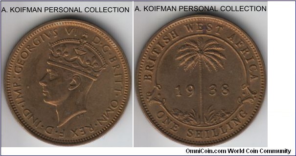 KM-23, 1938 British West Africa shilling; nickel-brass, security edge; about uncirculated. 
