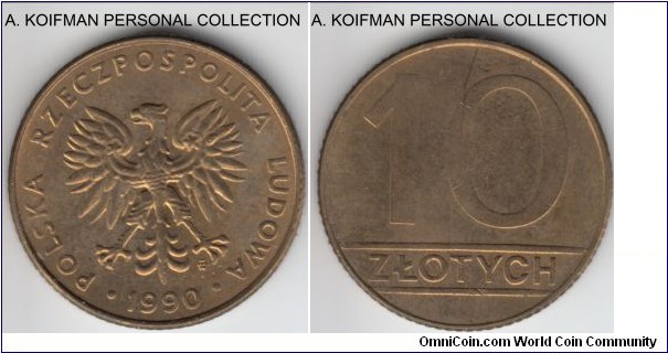 Y#152.2, Poland 1990 10 zlotych; brass, reeded edge; about uncirculated.