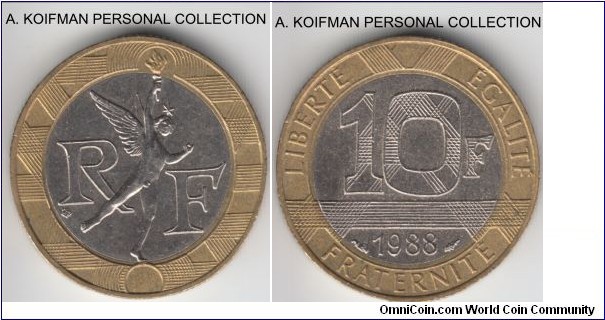 KM-964.1, 1988 France 10 francs; bi-metallic, segmented reeded edge; about uncirculated.