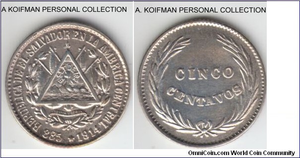 KM-124, 1914 El Salvador 5 centavos; silver, plain edge; scarcer issue, higher grade, possibly about uncirculated.